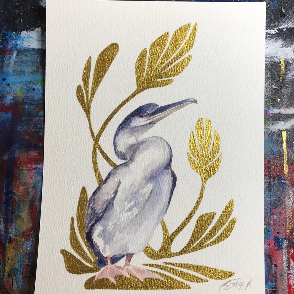 Cormorant Bird original Watercolor Painting Gold Art Deco Artwork Wall Decor